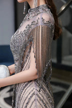 High Neck Cap sleeves Sparkle Beads Long Prom Dresses