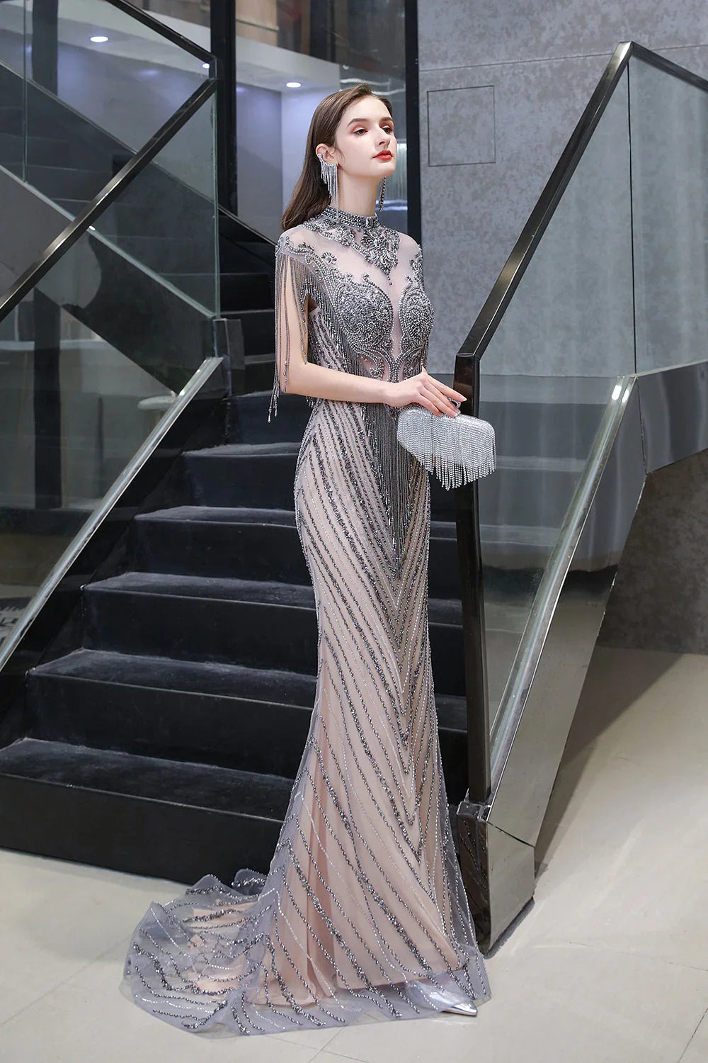 High Neck Cap sleeves Sparkle Beads Long Prom Dresses