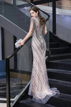 High Neck Cap sleeves Sparkle Beads Long Prom Dresses