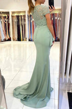 High neck Lace column Long Buttons Split Short sleeves Evening Dress