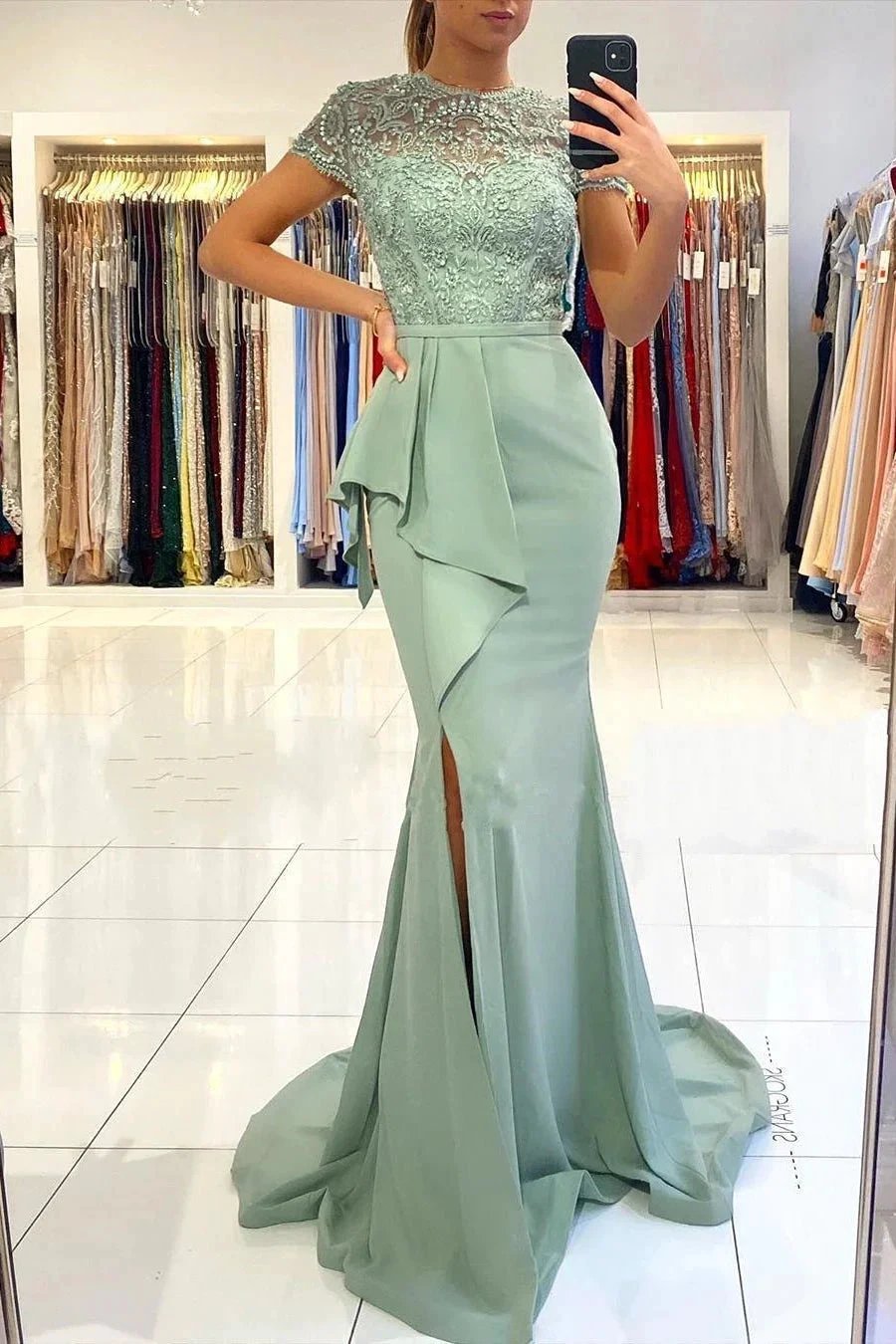 High neck Lace column Long Buttons Split Short sleeves Evening Dress