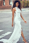 High Neckline Lace Backless Mermaid Wedding Dresses With Court Train WD123