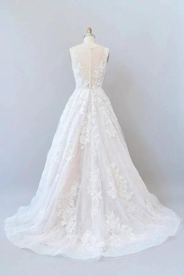Illusion Appliques Tulle A-line Wedding Dress