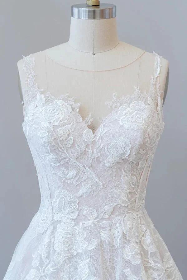 Illusion Appliques Tulle A-line Wedding Dress