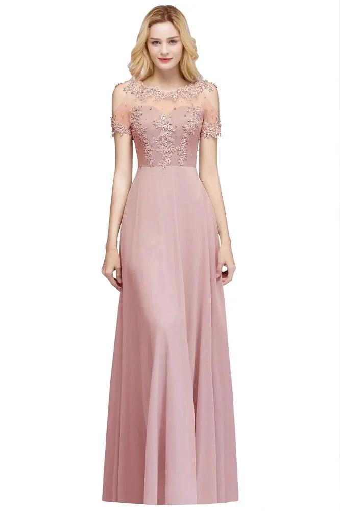 Illusion Neckline Long Appliques Chiffon Prom Dresses