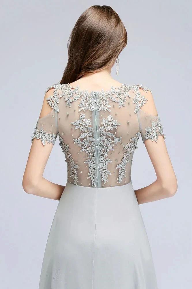 Illusion Neckline Long Appliques Chiffon Prom Dresses