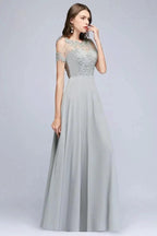 Illusion Neckline Long Appliques Chiffon Prom Dresses