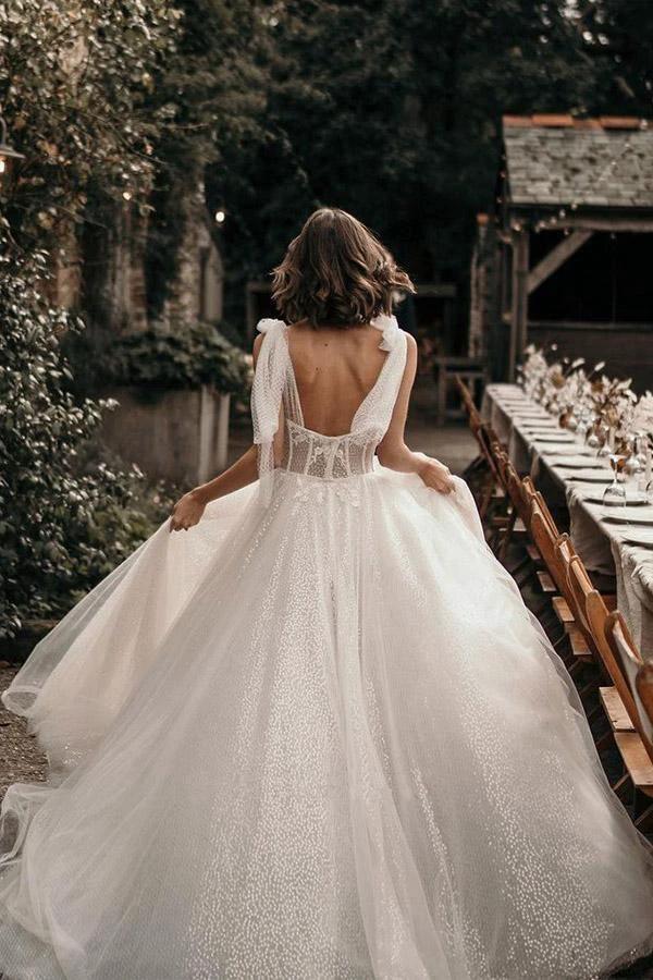 Ivory A-Line Sleeveless Sweep Train Wedding Dress With Sequins WD544