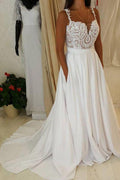 Ivory Beach Long A-line Sweetheart Chiffon Wedding Dress with Pockets