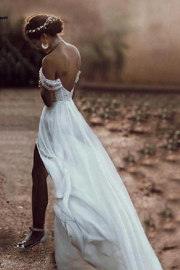 Ivory Lace Off The Shoulder Backless Chiffon Split Wedding Dresses WD511