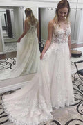Ivory Lace Wedding Dresses See Through Applique with Court Train   WD296