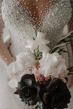 Ivory Long Sleeves Despatchable Train V-neck Button Wedding Dress with Fully coverd Pearls