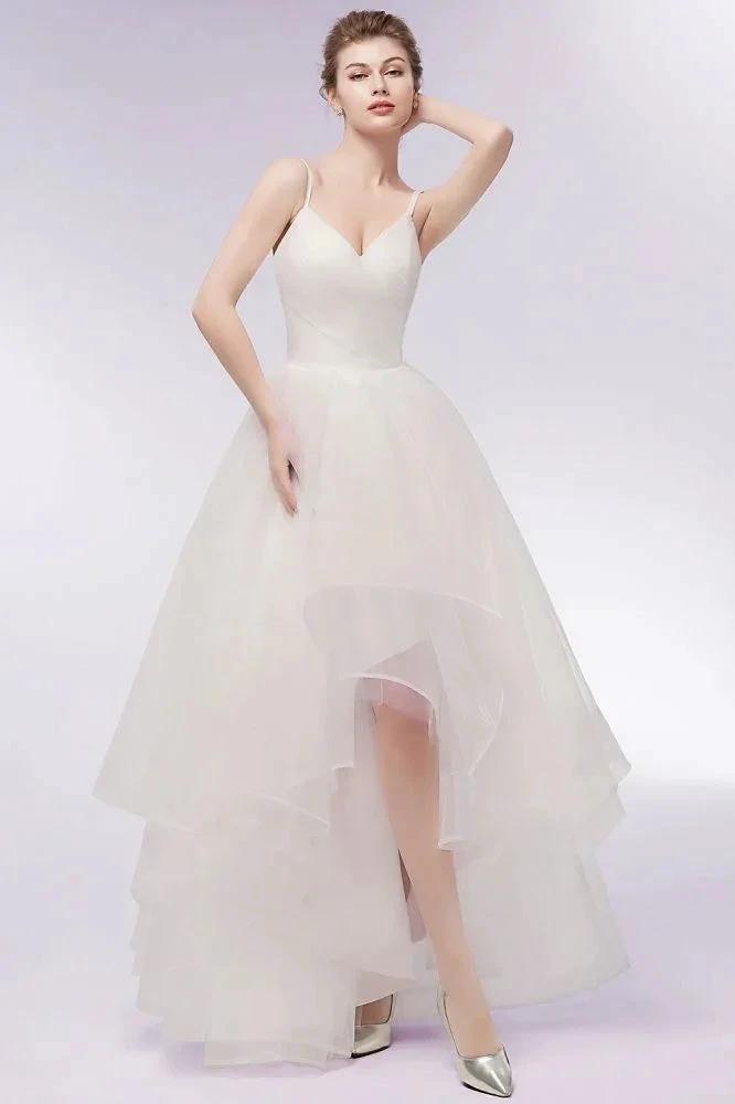 Ivory Sweetheart A-line Hi-lo Spaghetti Tulle Wedding Dresses with Ruffles