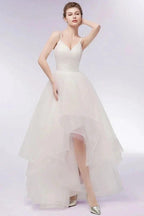 Ivory Sweetheart A-line Hi-lo Spaghetti Tulle Wedding Dresses with Ruffles