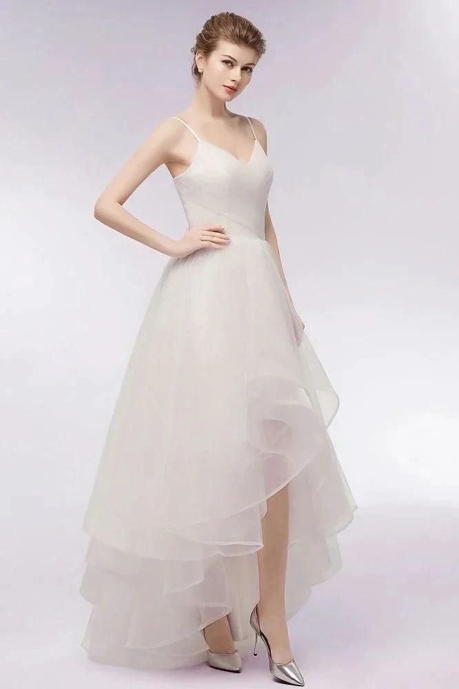Ivory Sweetheart A-line Hi-lo Spaghetti Tulle Wedding Dresses with Ruffles