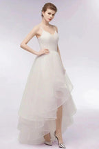 Ivory Sweetheart A-line Hi-lo Spaghetti Tulle Wedding Dresses with Ruffles