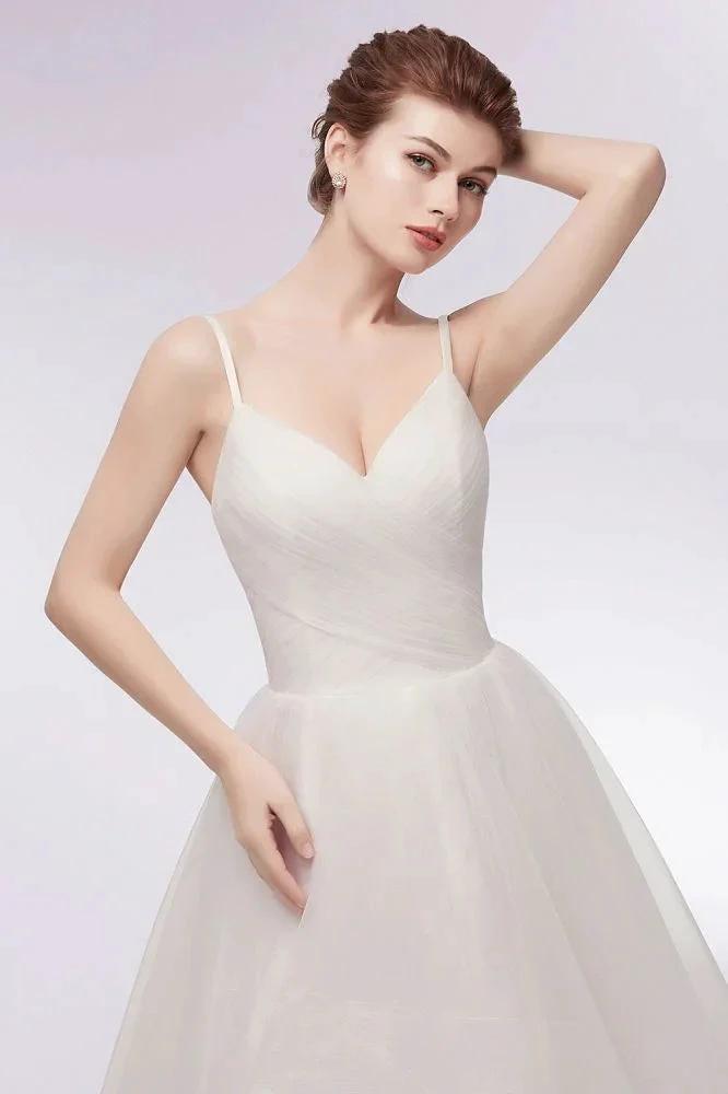 Ivory Sweetheart A-line Hi-lo Spaghetti Tulle Wedding Dresses with Ruffles