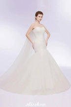 Ivory Tulle Sweetheart Mermaid Strapless Wedding Dresses with Lace-up