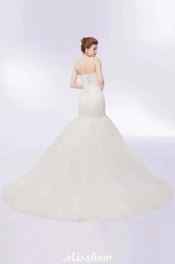 Ivory Tulle Sweetheart Mermaid Strapless Wedding Dresses with Lace-up