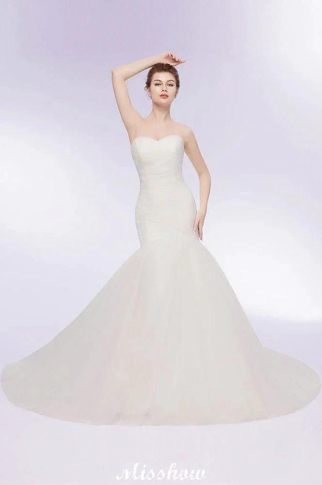 Ivory Tulle Sweetheart Mermaid Strapless Wedding Dresses with Lace-up