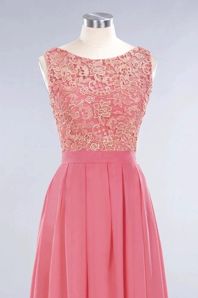 Jewel Ruffles Floral Lace Simple Prom Dresses | A-Line Sleeveless Coral Evening Dresses
