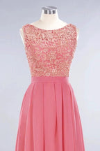 Jewel Ruffles Floral Lace Simple Prom Dresses | A-Line Sleeveless Coral Evening Dresses