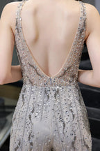 Jewel Sleeveless Tulle Evening Jumpsuit with Sequins