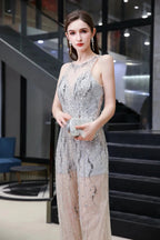 Jewel Sleeveless Tulle Evening Jumpsuit with Sequins