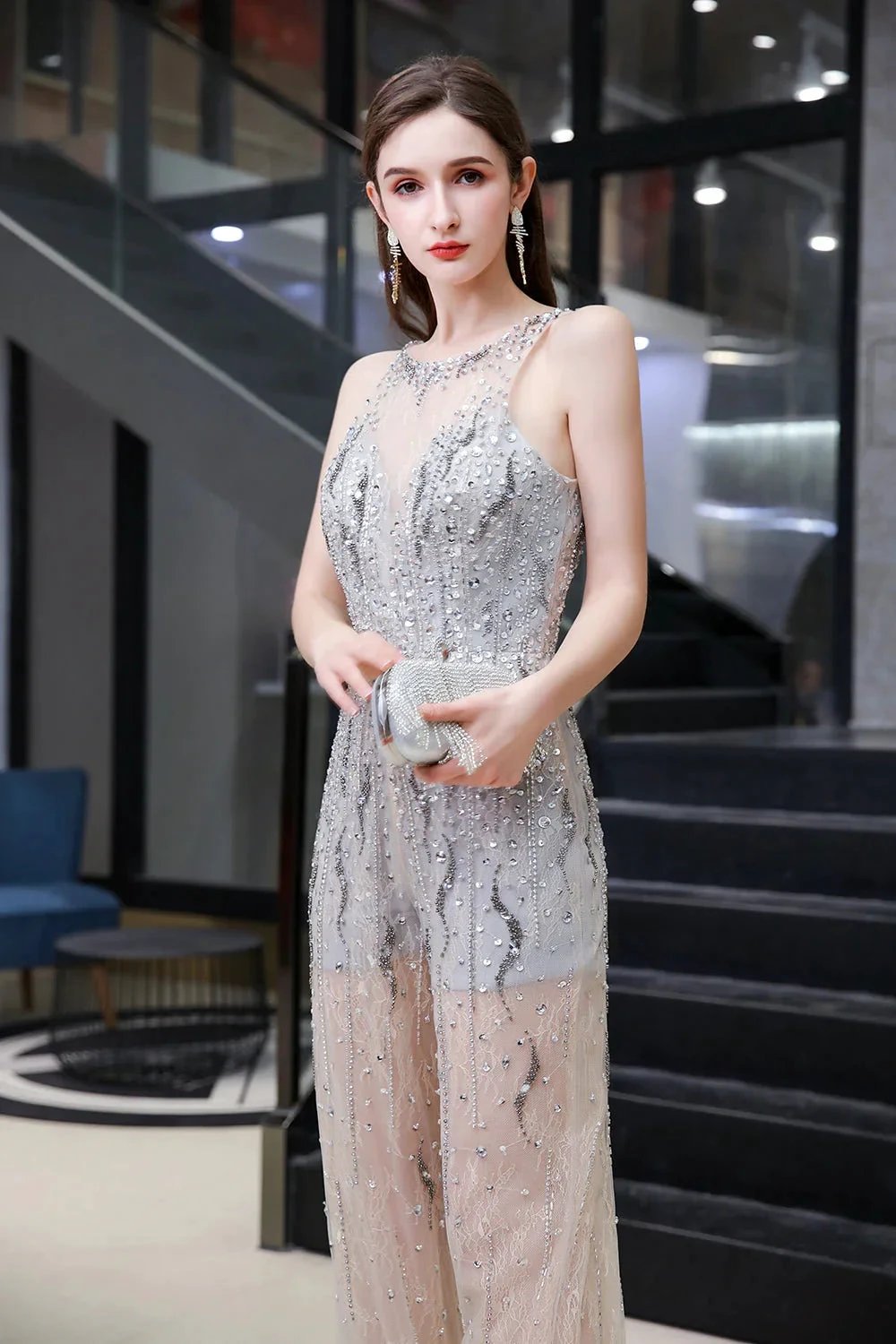 Jewel Sleeveless Tulle Evening Jumpsuit with Sequins