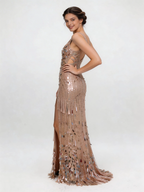 Opulent Champagne Blush Sequin Fringe Plunge V-Neck Formal Gown by ZAPDRESS