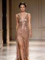 Opulent Champagne Blush Sequin Fringe Plunge V-Neck Formal Gown by ZAPDRESS