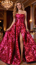 Crimson Floral Jacquard Strapless Ball Gown with Slit by ZAPDRESS