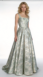 Mint Green Metallic Jacquard Square Neck Ball Gown by ZAPDRESS