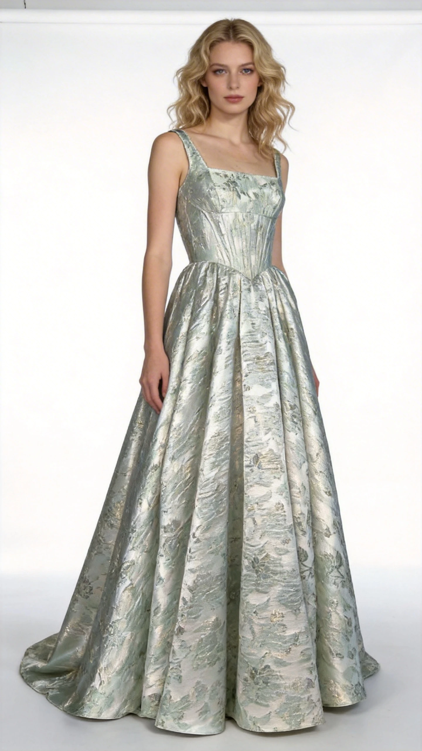 Mint Green Metallic Jacquard Square Neck Ball Gown by ZAPDRESS
