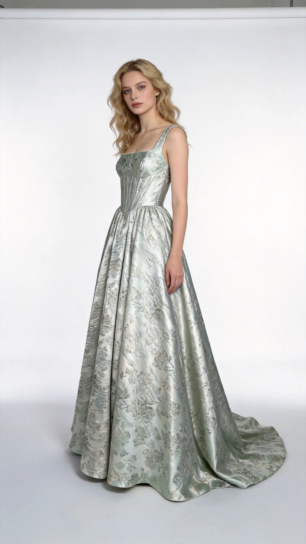 Mint Green Metallic Jacquard Square Neck Ball Gown by ZAPDRESS