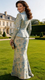 Elegant Blue Floral Jacquard Skirt Suit for Mother of the Bride by ZAPDRESS