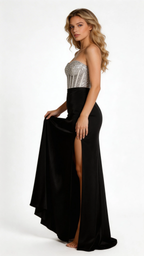 Silver Sparkle Corset Mermaid Gown with Black Satin Skirt by ZAPDRESS