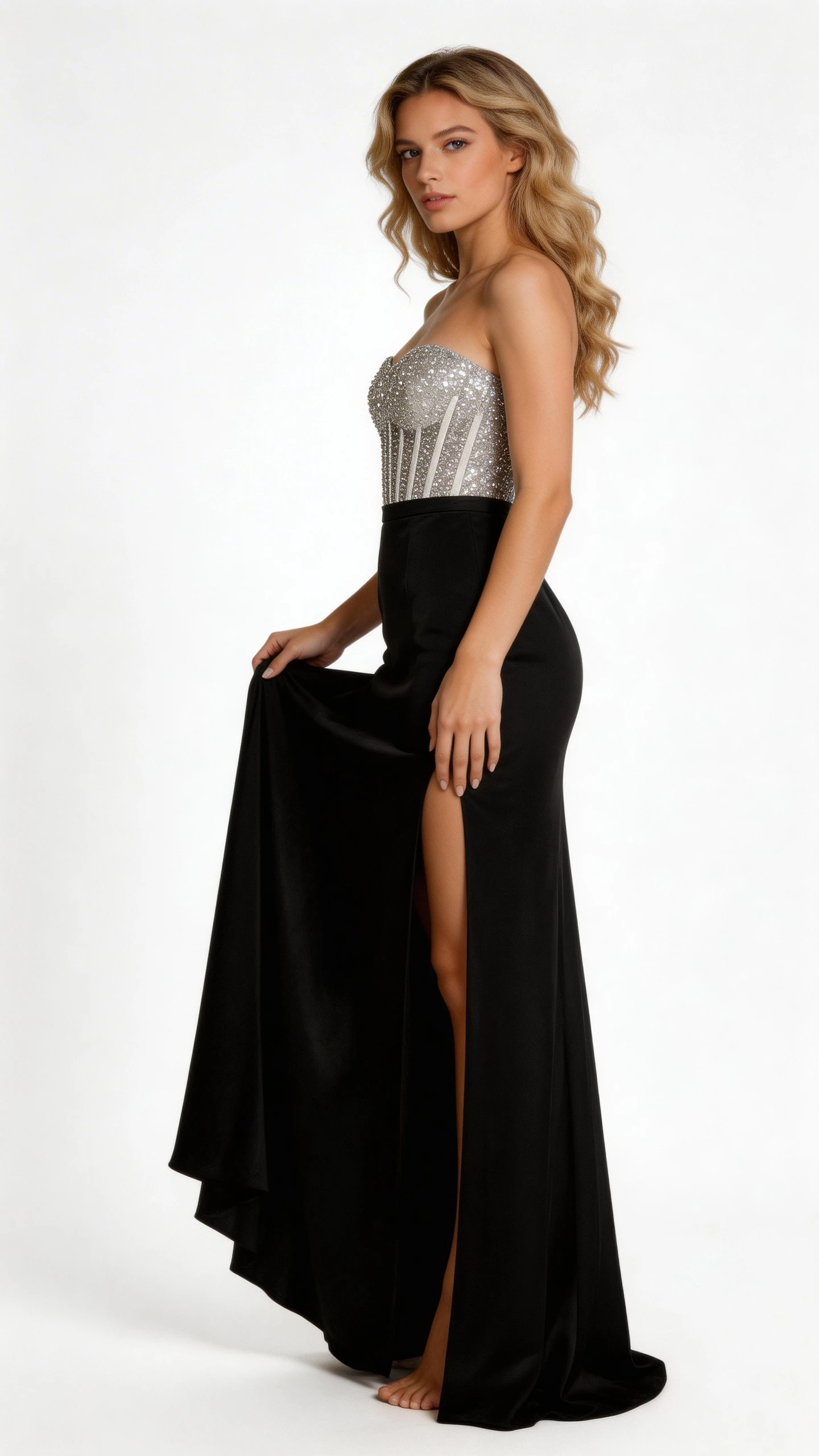 Silver Sparkle Corset Mermaid Gown with Black Satin Skirt by ZAPDRESS