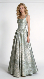 Mint Green Metallic Jacquard Square Neck Ball Gown by ZAPDRESS