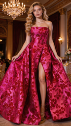 Crimson Floral Jacquard Strapless Ball Gown with Slit by ZAPDRESS
