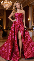 Crimson Floral Jacquard Strapless Ball Gown with Slit by ZAPDRESS