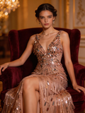 Opulent Champagne Blush Sequin Fringe Plunge V-Neck Formal Gown by ZAPDRESS