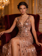 Opulent Champagne Blush Sequin Fringe Plunge V-Neck Formal Gown by ZAPDRESS