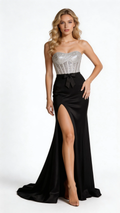 Silver Sparkle Corset Mermaid Gown with Black Satin Skirt by ZAPDRESS