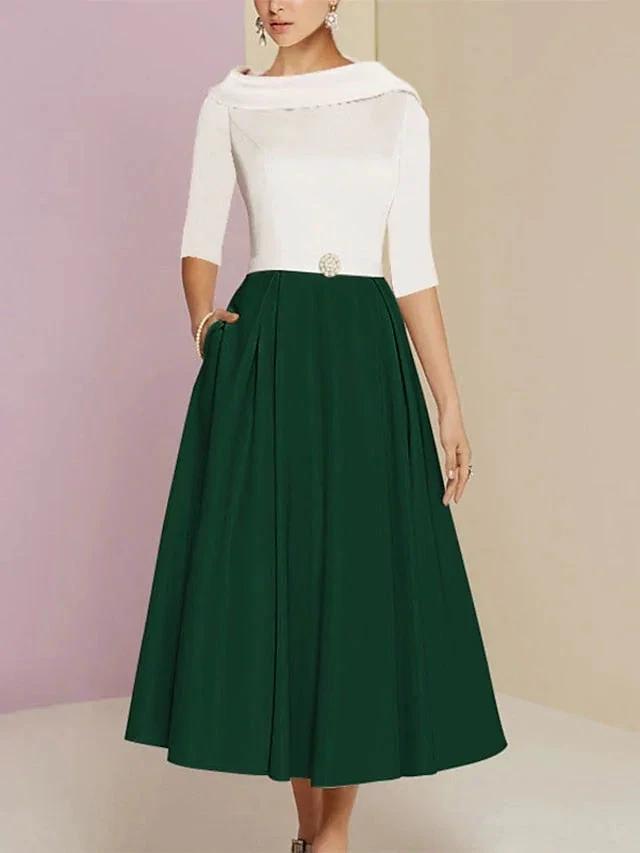 A-Line/Princess Jewel Neck Half Sleeve Tea Length Mother of the Bride Dresses with Pockets Pleats