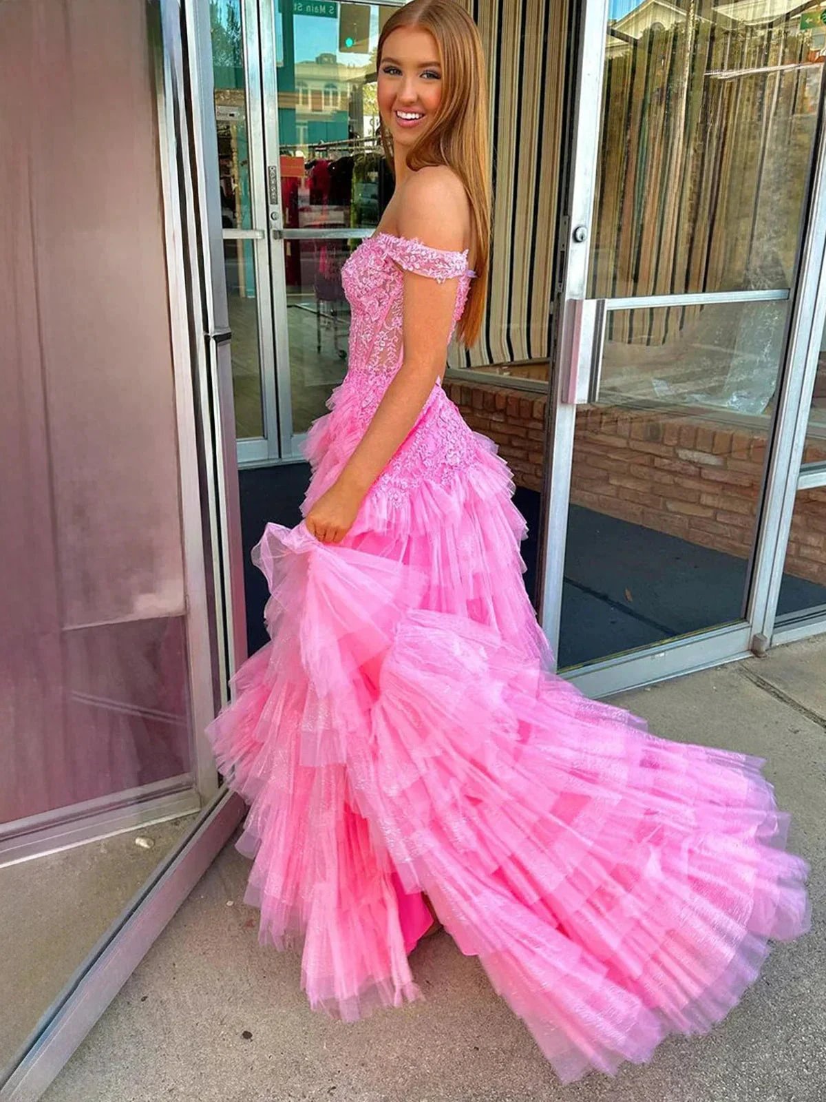 Kashi | Champagne Off the Shoulder Tulle Prom Dress With Appliques