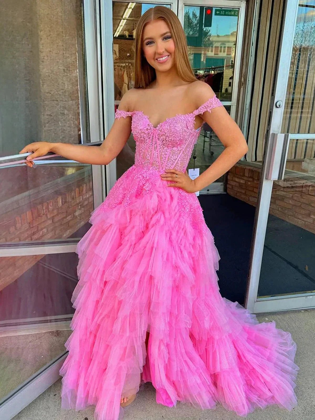 Kashi | Champagne Off the Shoulder Tulle Prom Dress With Appliques