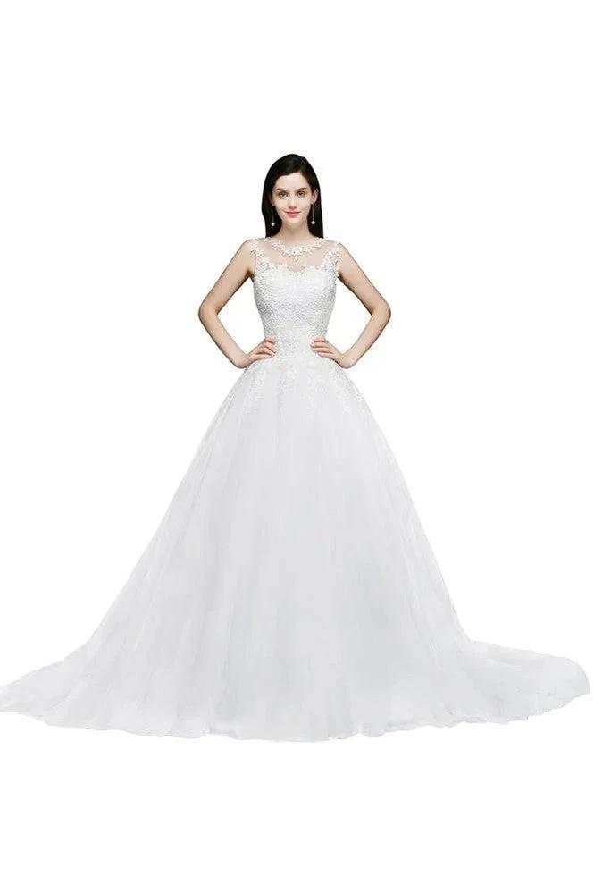 Lace Appliques Scoop Tulle Wedding Dress