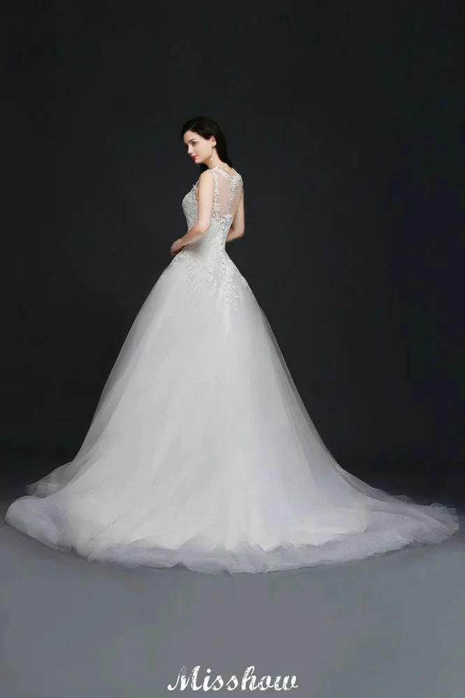 Lace Appliques Scoop Tulle Wedding Dress