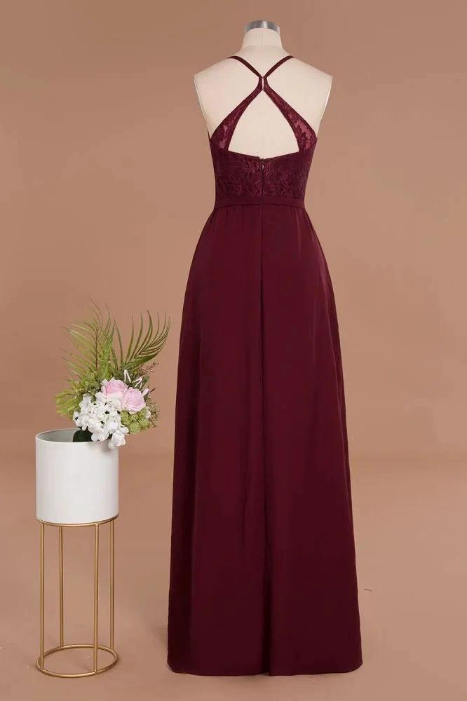 Lace Spaghetti Straps Prom Dresses | A-Line Sleeveless Side Split Evening Dresses